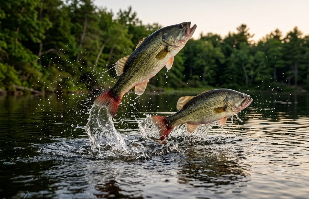 Two bass leaping from a pond. AI-manipulated. (The fish were real.)