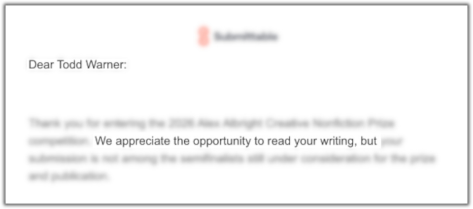 Rejection letter snippet with the highlighted words: We appreciate the opportunity to read your writing, but […]"