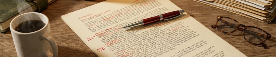 Pen resting on paper on a desk.